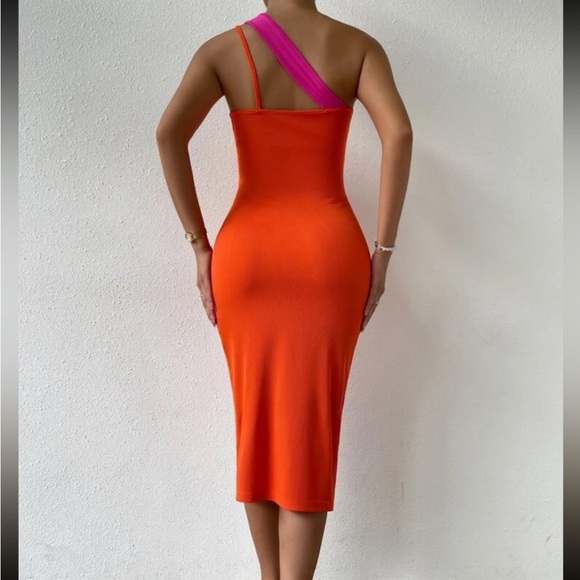 2 Tone One Shoulder Asymmetrical Bodycon Midi RIBBED Dress Orange Hot Pink - Picture 3 of 7